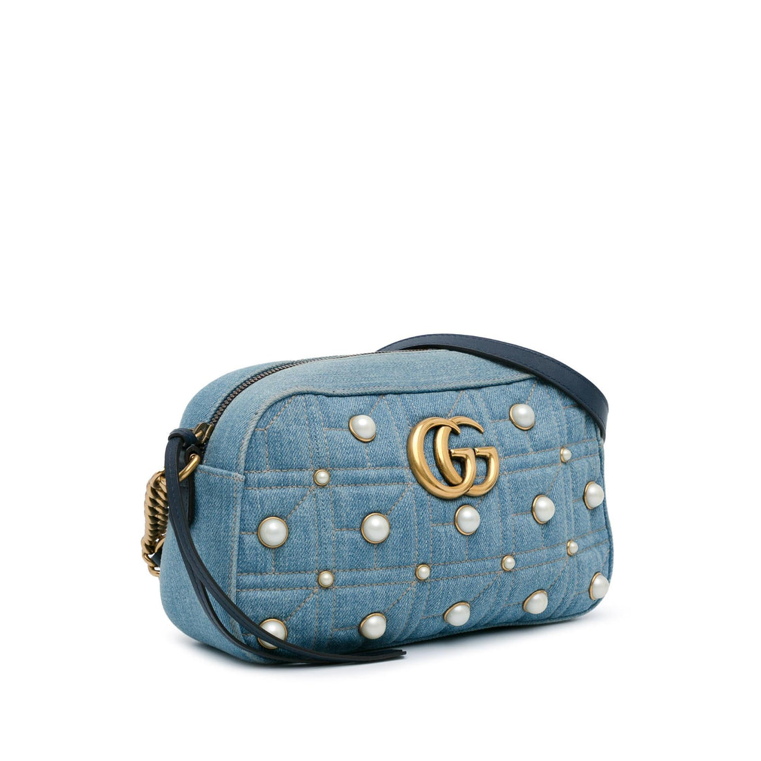 Gucci Small GG Marmont Pearl Studded Denim Crossbody Bag (SHG-phY0r4)