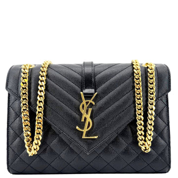 YVES SAINT LAURENT Envelope Flap Quilted Caviar Leather Chain Shoulder Bag Black