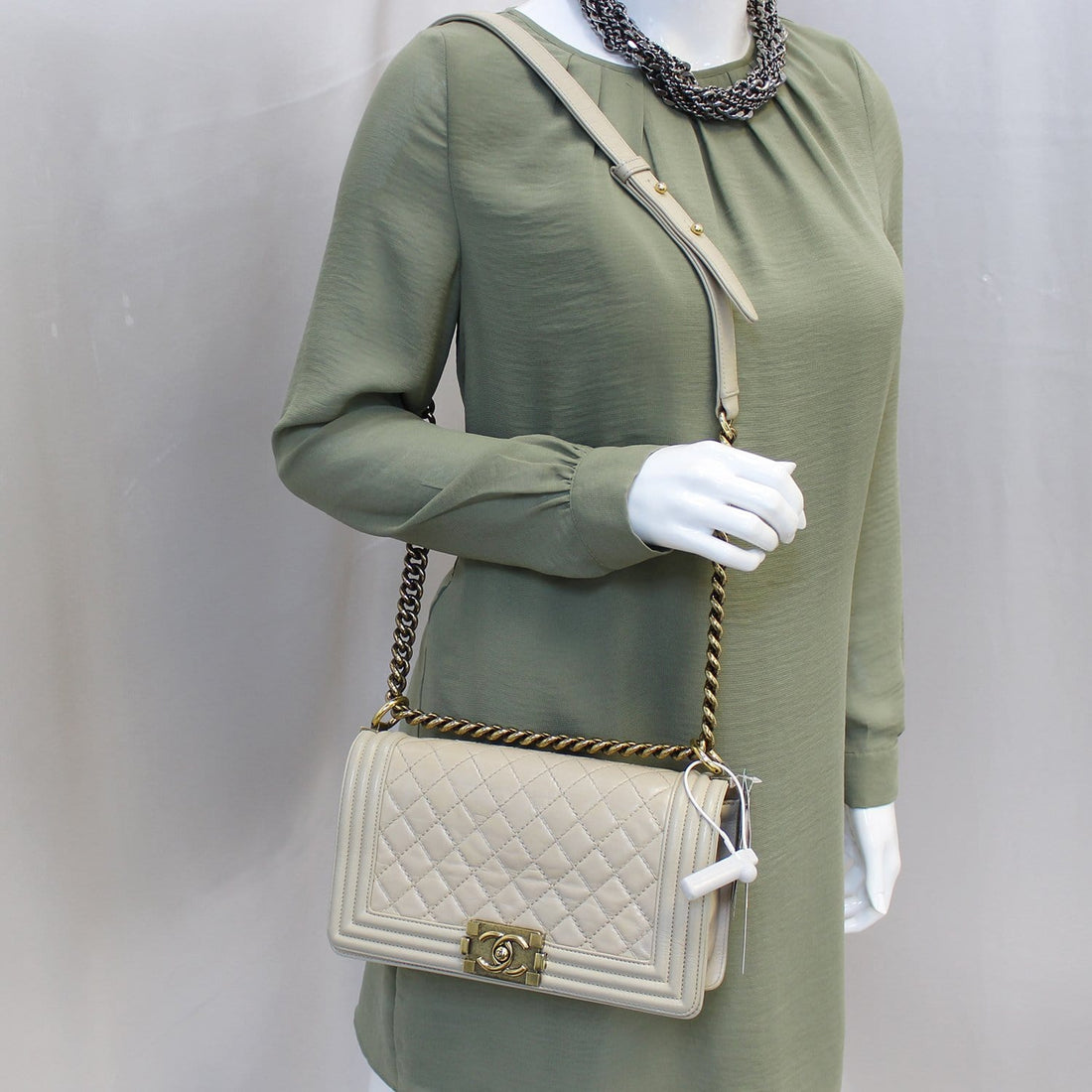 CHANEL Medium Boy Flap Quilted Leather Beige Shoulder Bag