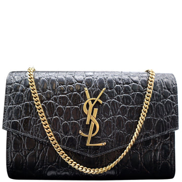 YVES SAINT LAURENT Uptown Crocodile-Embossed Crossbody Chain Wallet Black