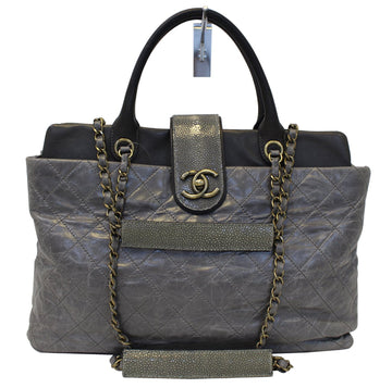 CHANEL Grey Quilted  Leather Stingray Bindi CC Shopper Tote Bag