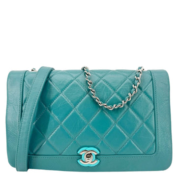 CHANEL Bi  Full Flap Medium Quilted Crumpled Leather Crossbody Bag Aqua Blue
