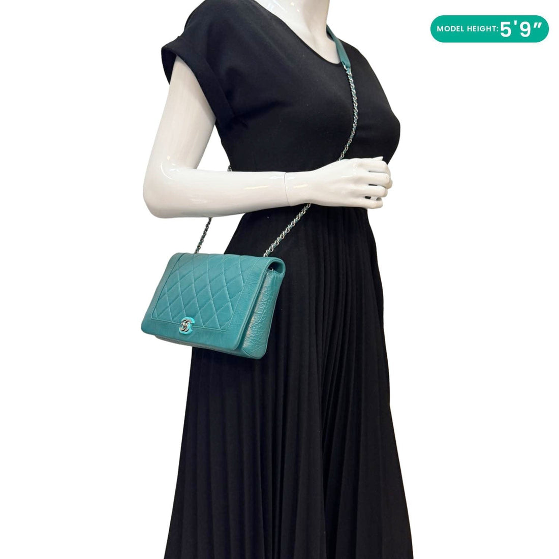 CHANEL Bi  Full Flap Medium Quilted Crumpled Leather Crossbody Bag Aqua Blue