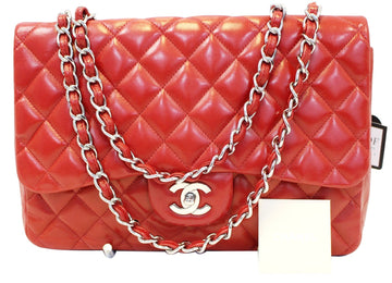 CHANEL Red Quilted  Leather Classic Jumbo Double Flap Bag
