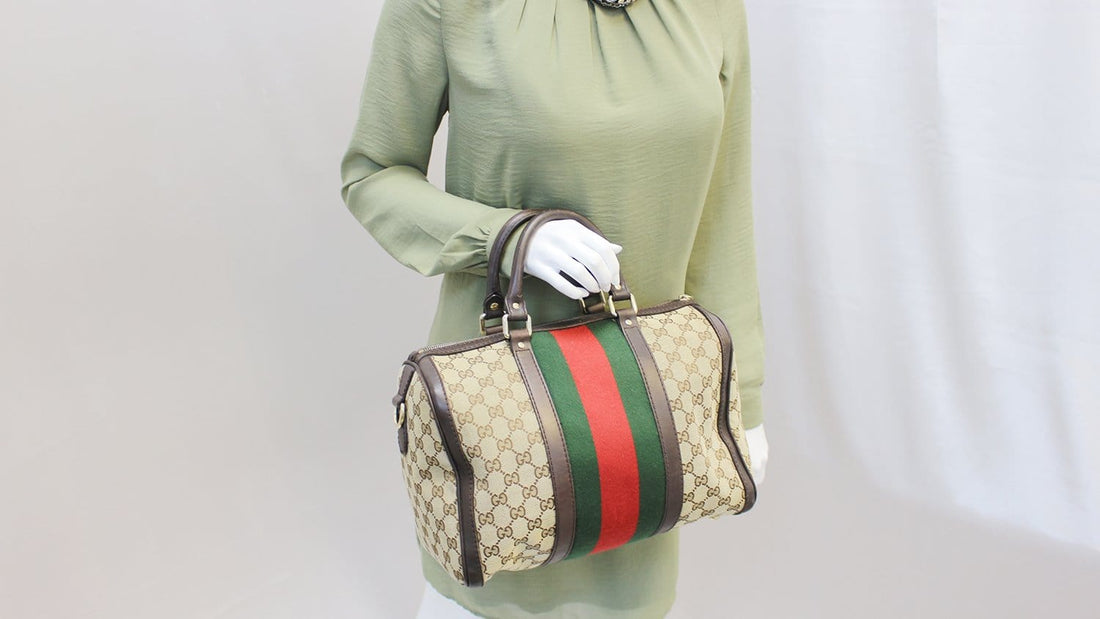 GUCCI Web  GG Monogram Canvas Boston Beige Bag