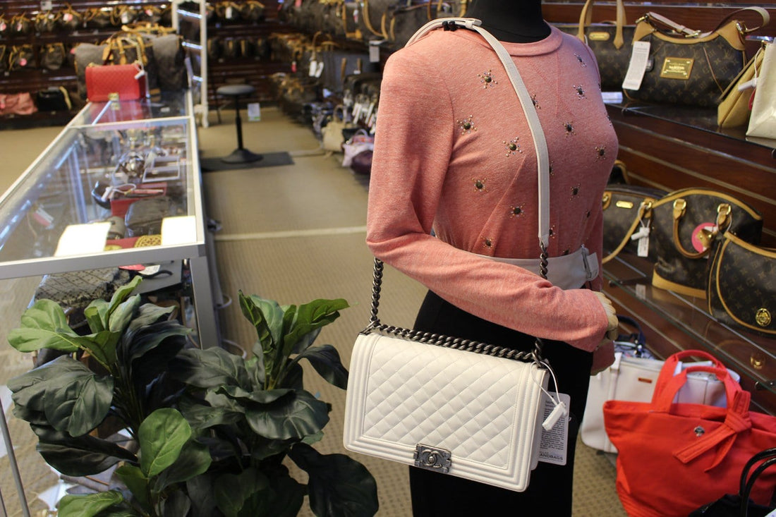 CHANEL Boy Bag - CHANEL Leather White Glazed Quilted Large