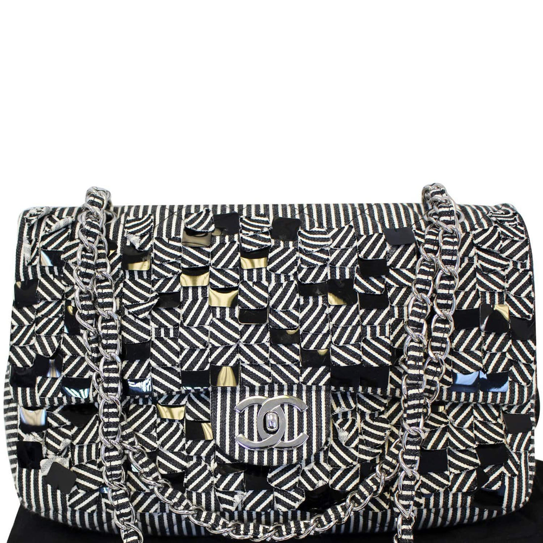 CHANEL Black/White Striped Medium Flap Shoulder Bag - Sale