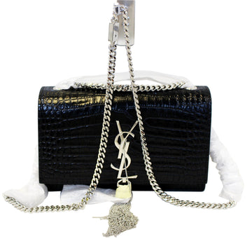 YVES SAINT LAURENT Caviar Leather Black Leather Silver Chain Clutch Crossbody Bag