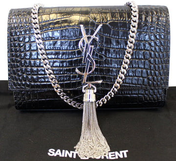 YVES SAINT LAURENT Caviar Leather Black Leather Silver Chain Clutch Crossbody Bag