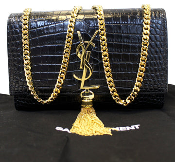 YVES SAINT LAURENT Caviar Leather Black Leather Gold Chain Clutch Crossbody Bag