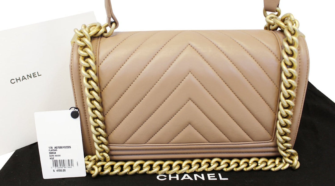 CHANEL  Chevron Quilted Dark Beige Medium Boy Flap Bag