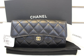 CHANEL Wallet Leather Black Quilted  Long Flap