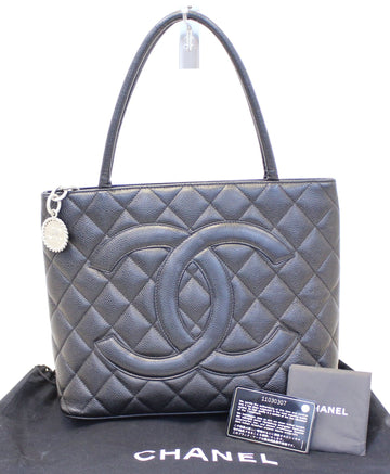 CHANEL Black Quilted Caviar Leather Leather Medallion Tote Bag