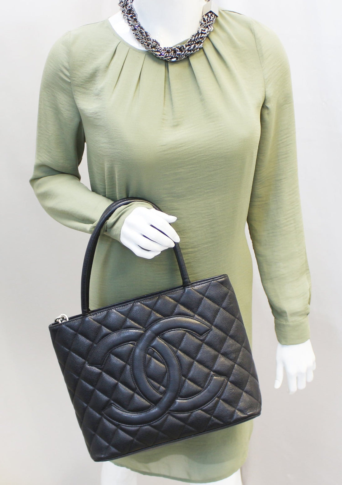 CHANEL Black Quilted Caviar Leather Leather Medallion Tote Bag
