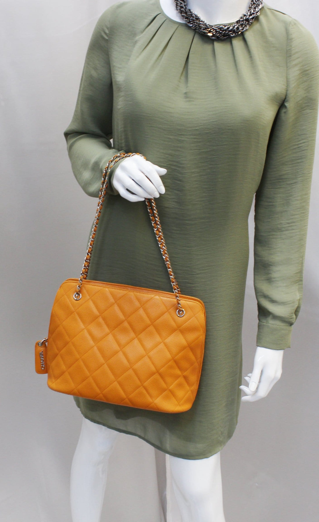 CHANEL Caviar Leather Leather Orange Timeless Shoulder Bag