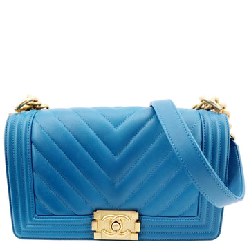 CHANEL Medium Boy Flap Chevron Quilted  Shoulder Bag Blue