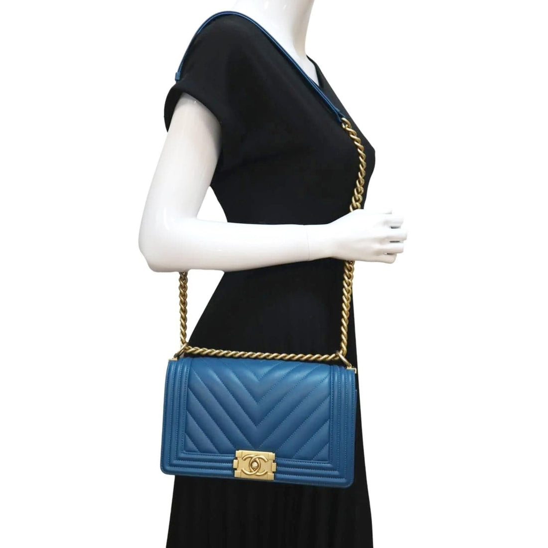 CHANEL Medium Boy Flap Chevron Quilted  Shoulder Bag Blue