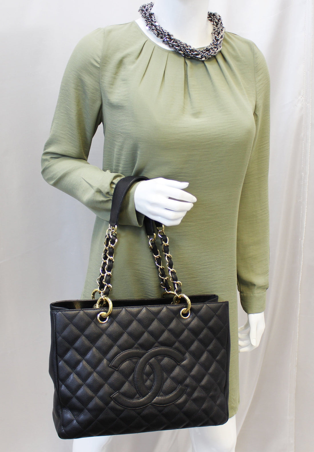 CHANEL Black Caviar Leather Leather Grand Shopping Tote Bag