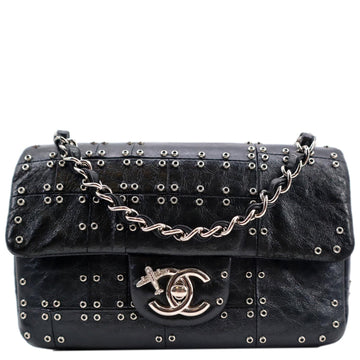 CHANEL Airlines Grommet Studded Leather Shoulder Bag Black
