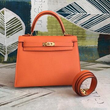 Top Quality Kelly Orange For Women Gold Toned Hardware 10in/25cm