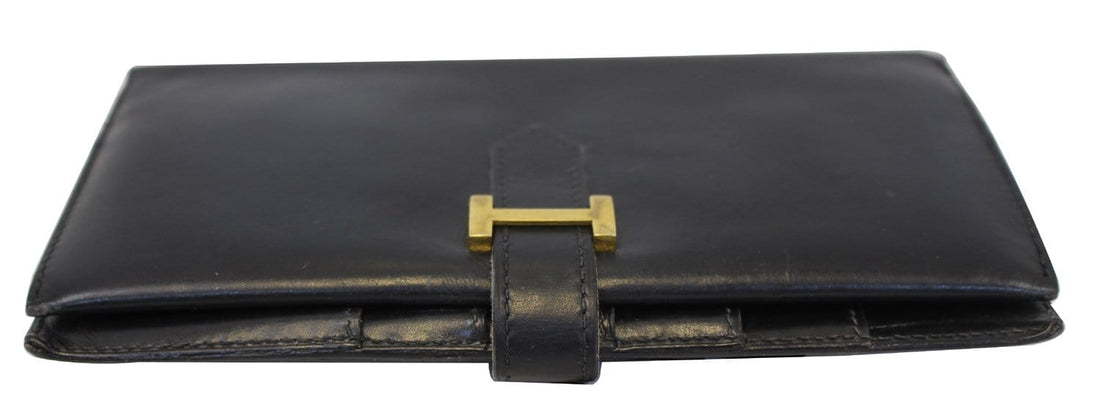 HERMES Bearn Leather Black Long Bifold Wallet