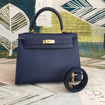 Top Quality Kelly 28 Bleu Cherve Bag With Gold Toned Harware For Women, Handbags, Shoulder Bags 11in/28cm
