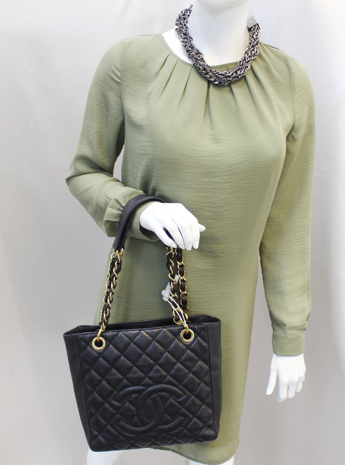 CHANEL Black Caviar Leather Leather Petite Shopping Tote Bag