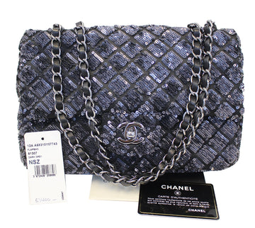 CHANEL Navy Blue/Dark Grey Sequin Flap Shoulder Bag Limited Edition