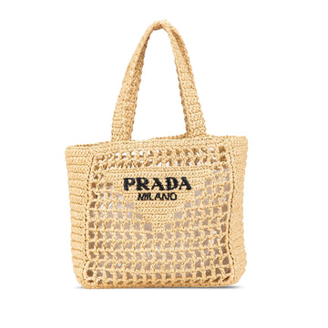 Prada Small Raffia Effect Crochet Logo Embroidered Tote