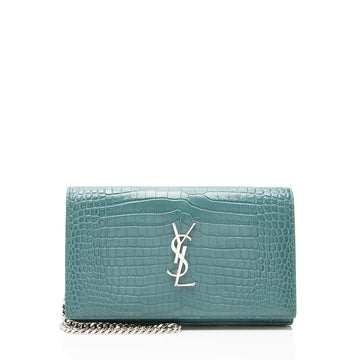 Saint Laurent Croc Embossed Leather Monogram Chain Wallet