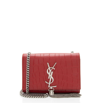 Saint Laurent Croc Embossed Leather Monogram Kate Tassel Mini Shoulder Bag