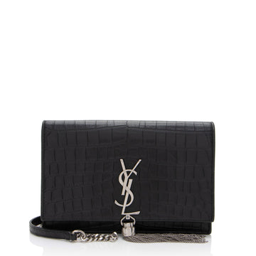Saint Laurent Croc Embossed Leather Monogram Kate Tassel (SHF-fsD46M)