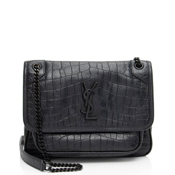 Saint Laurent Croc Embossed Leather Monogram Niki Baby Shoulder Bag (SHF-NVfs5q)