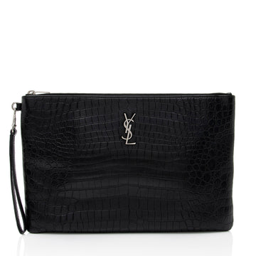 Saint Laurent Croc Embossed Leather Monogram Wristlet (SHF-y9FaYl)
