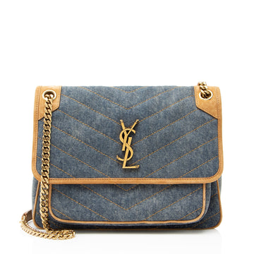 Saint Laurent Denim Suede Monogram Niki Medium Shoulder Bag