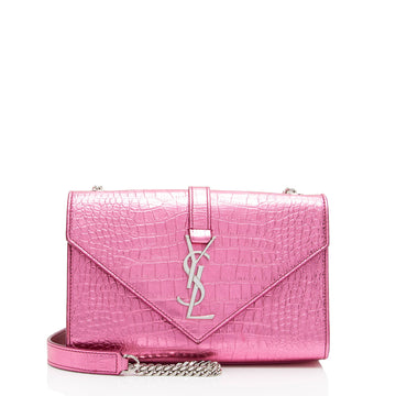 Saint Laurent Metallic Croc Embossed Leather Monogram Small Envelope Bag