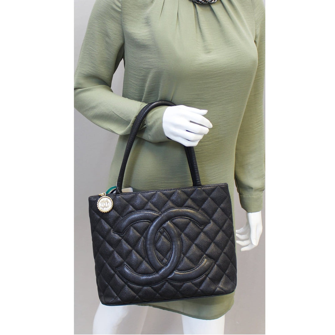 CHANEL Medallion Quilted Caviar Leather Leather Tote Bag Black