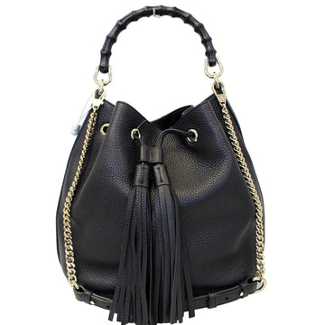 GUCCI Miss Bamboo Medium Leather Bucket Shoulder Handbag Black 387613