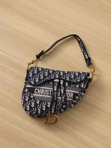 Top Quality Logo Saddle Bag Oblique Embroidered Canvas Blue/Beige For Women 25cm/10in CD