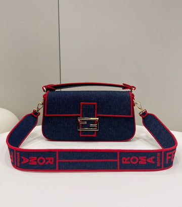 Top QualityTop Quality Baguette Blue Denim Red Border Bag For Woman 26cm/10in