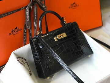 Top Quality Mini Kelly 19 Black Crocodile Bag For Women, Handbags, Shoulder Bags 7.5in/19cm