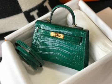 Top Quality Mini Kelly 19 Embossed Patent Emerald Color Bag With Gold-Toned Harware For Women, Handbags, Shoulder Bags 7.5in/19cm