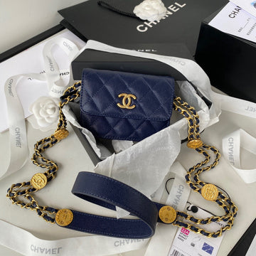 CHL Clutch With Chain Gold Hardware Grained Shinny Navy Blue For Women, Women’s Handbags, Shoulder Bags 4.7in/12cm AP2857