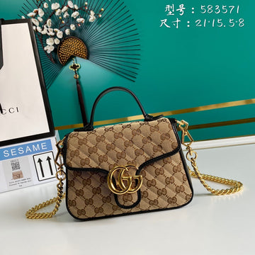 gg Ladies gg Canvas Marmont Mini Top Handle Bag Beige/Ebony Diagonal MatelassÃ© Original gg Canvas 8.3in/21cm gg 583571 HVKEG 9772