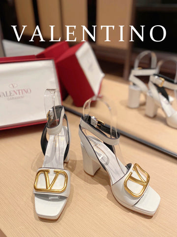 Valentino Garavani Strap Heeled Sandals With V Logo Signature EmbellisTop Qualityent White For Women