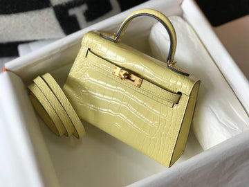 Top Quality Mini Kelly 19 Embossed Patent Matte Yellow Bag With Gold-Toned Harware For Women, Handbags, Shoulder Bags 7.5in/19cm