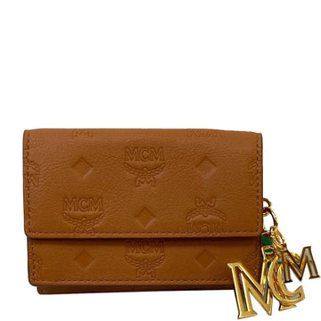 MCM Klara Trifold Mini Monogram Leather Charm Wallet Cognac