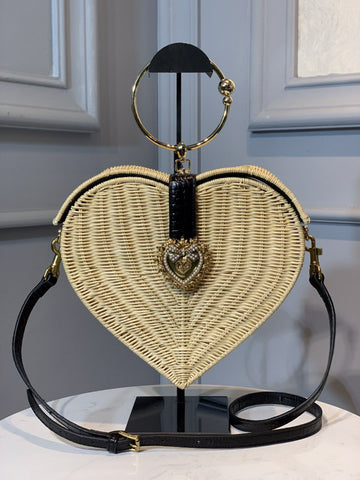 Top Quality Devotion Crystal Heart Wicker Top Handle Bag Beige For Women 10in/26cm Top Quality
