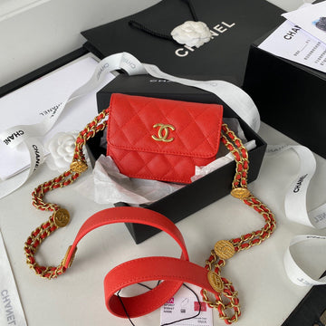 CHL Clutch With Chain Gold Hardware Grained Shinny Red For Women Handbags, Shoulder Bags 4.7in/12cm AP2857