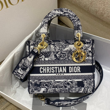 Top Quality MeTop Qualityum Lady D-Lite Bag Toile de Jouy Stripes Embroidery, Navy Blue Handbags, 24cm CD M0565ORLP_M928